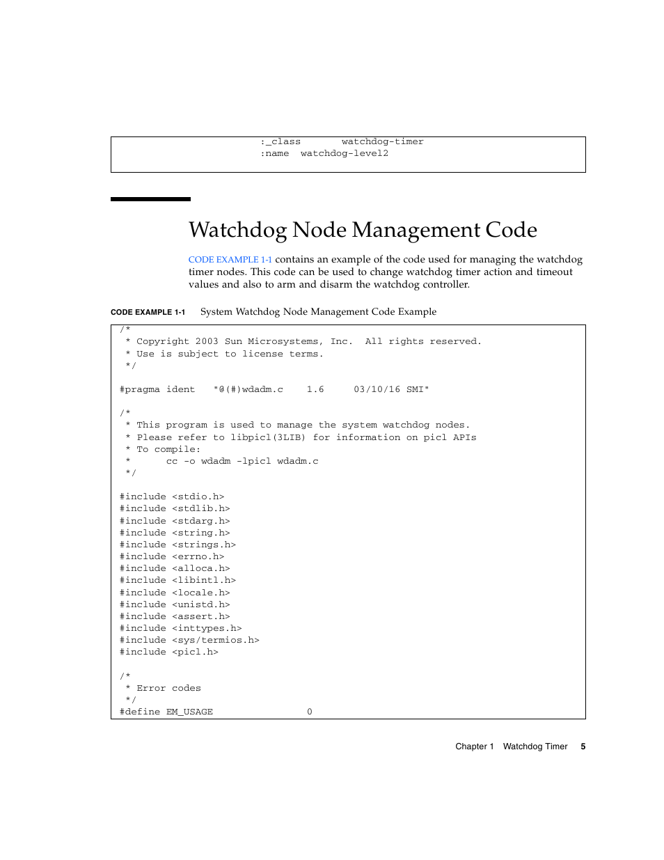 Watchdog node management code, Code example 1-1 | Sun Microsystems Netra CP2500 User Manual | Page 19 / 74