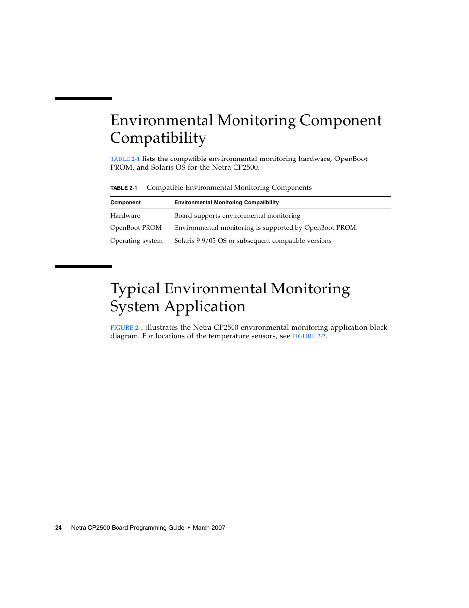 Environmental monitoring component compatibility, Table 2-1 | Sun Microsystems Netra CP2500 User Manual | Page 38 / 74