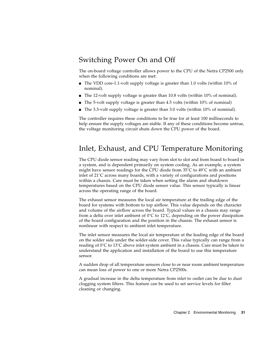 Switching power on and off, Inlet, exhaust, and cpu temperature monitoring | Sun Microsystems Netra CP2500 User Manual | Page 45 / 74