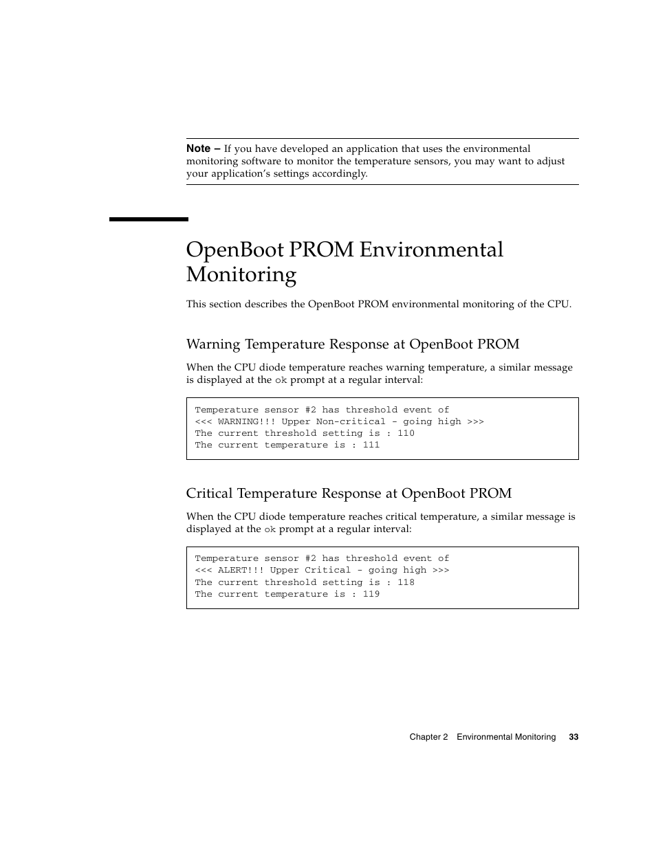 Openboot prom environmental monitoring, Warning temperature response at openboot prom, Critical temperature response at openboot prom | Sun Microsystems Netra CP2500 User Manual | Page 47 / 74