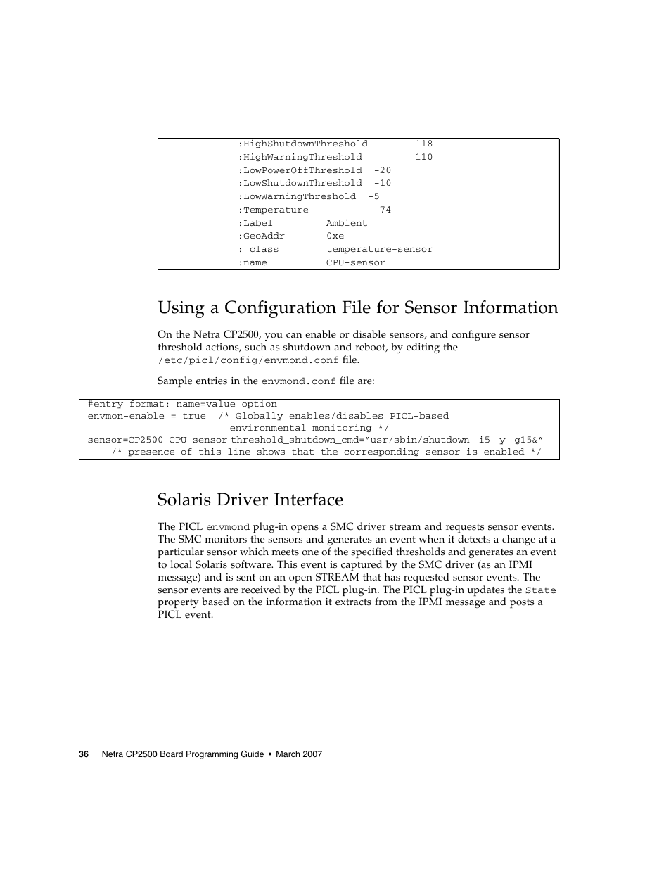 Using a configuration file for sensor information, Solaris driver interface | Sun Microsystems Netra CP2500 User Manual | Page 50 / 74