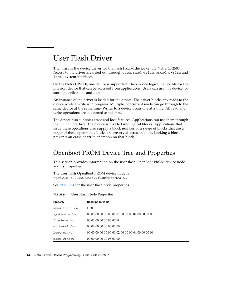 User flash driver, Openboot prom device tree and properties, Table 3-1 | Sun Microsystems Netra CP2500 User Manual | Page 58 / 74