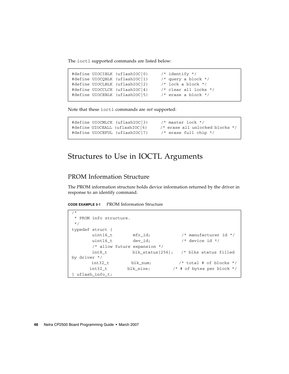 Structures to use in ioctl arguments, Prom information structure, Code example 3-1 | Sun Microsystems Netra CP2500 User Manual | Page 60 / 74