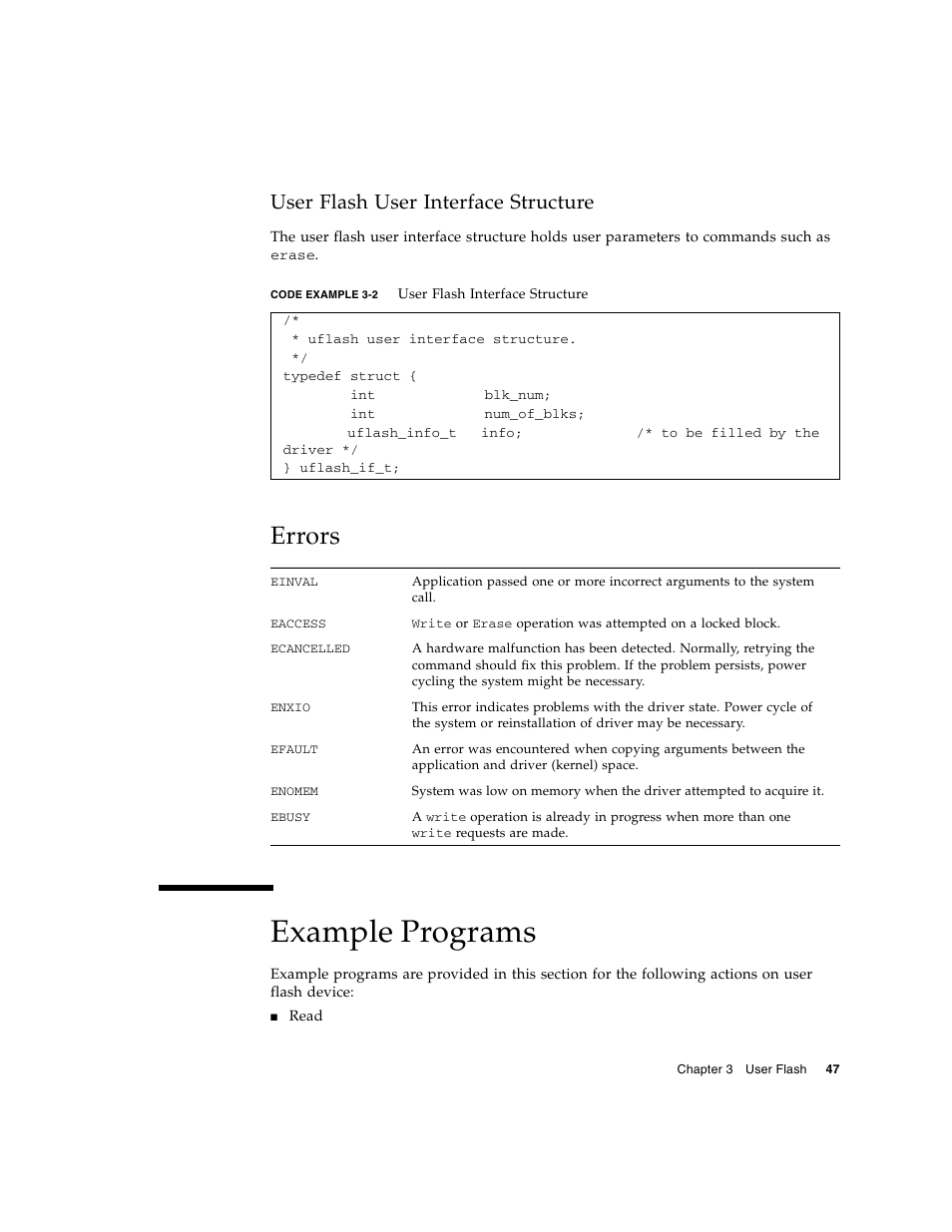 User flash user interface structure, Errors, Example programs | Code example 3-2 | Sun Microsystems Netra CP2500 User Manual | Page 61 / 74