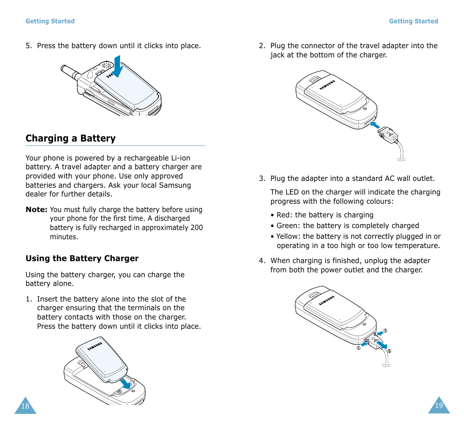 Charging a battery | Samsung SGH-T208 User Manual | Page 11 / 73