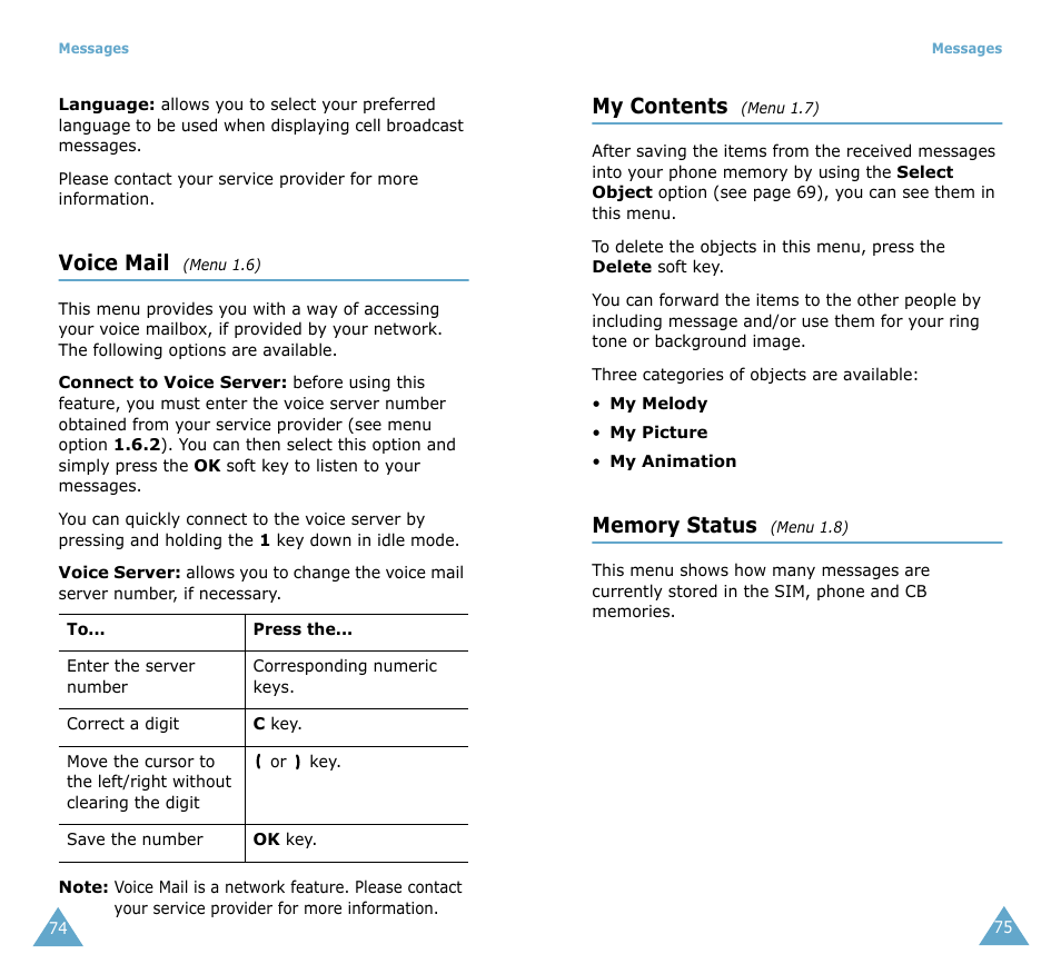 Voice mail, My contents | Samsung SGH-T208 User Manual | Page 39 / 73