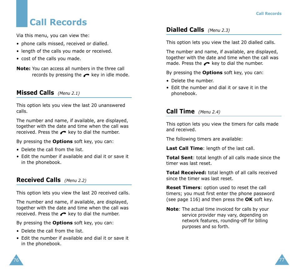 Call records, Missed calls, Received calls | Dialled calls, Call time | Samsung SGH-T208 User Manual | Page 40 / 73