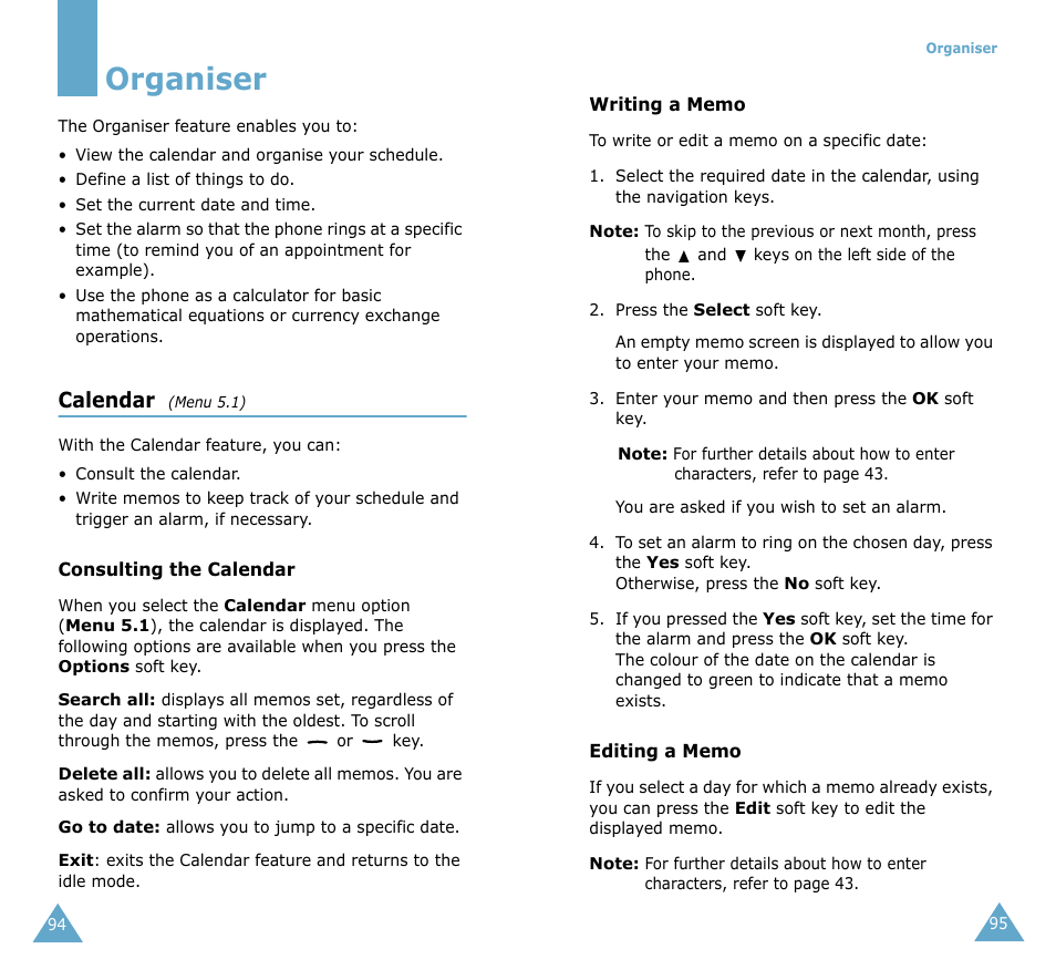 Organiser, Calendar | Samsung SGH-T208 User Manual | Page 49 / 73