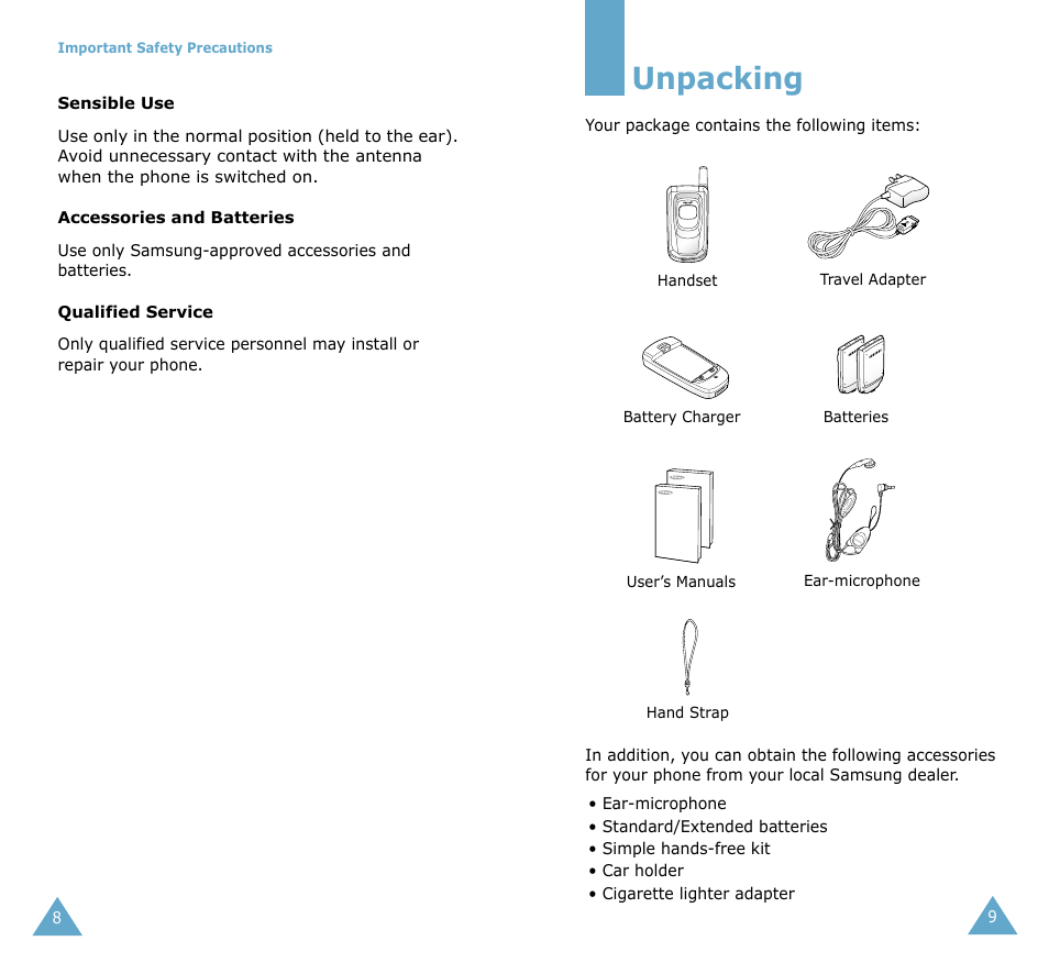 Unpacking | Samsung SGH-T208 User Manual | Page 6 / 73