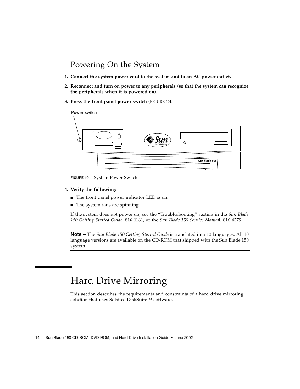 Powering on the system, Hard drive mirroring | Sun Microsystems SUN BLADE 150 User Manual | Page 18 / 20