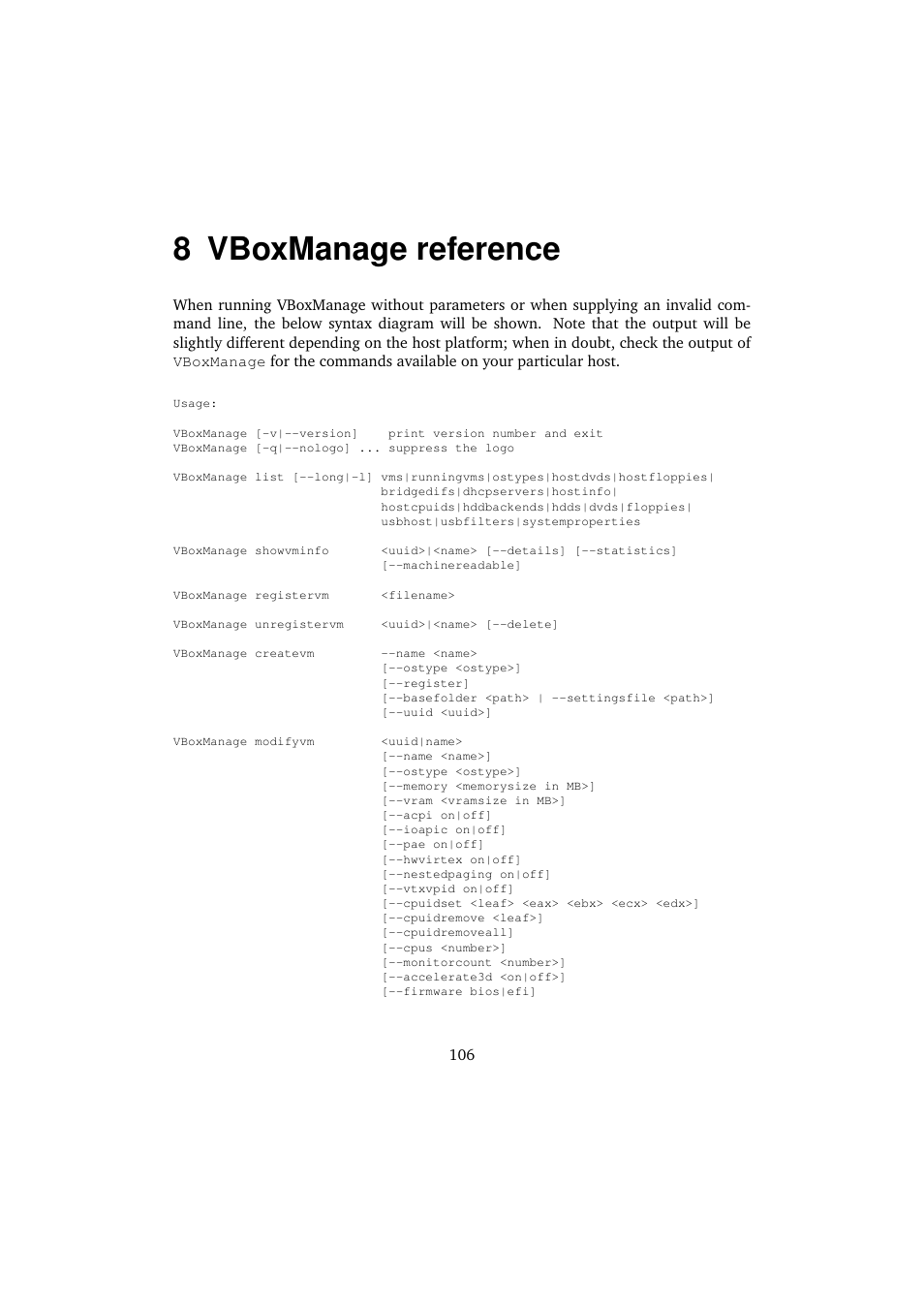 8 vboxmanage reference, Vboxmanage reference | Sun Microsystems VIRTUALBOX VERSION 3.1.0_BETA2 User Manual | Page 106 / 283