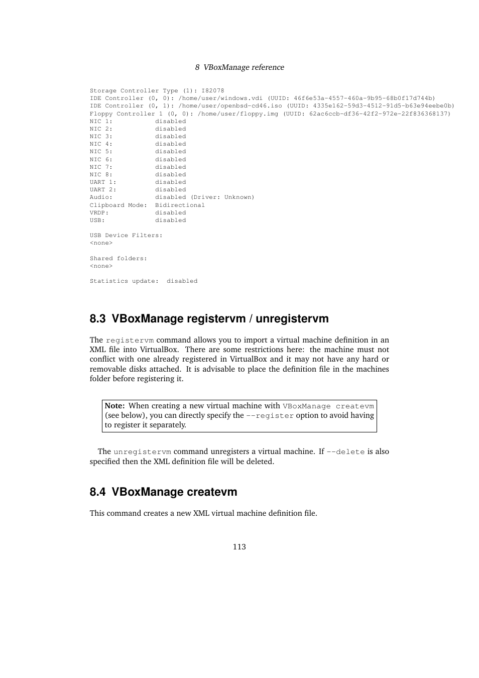 3 vboxmanage registervm / unregistervm, 4 vboxmanage createvm, Vboxmanage registervm / unregistervm | Vboxmanage createvm | Sun Microsystems VIRTUALBOX VERSION 3.1.0_BETA2 User Manual | Page 113 / 283