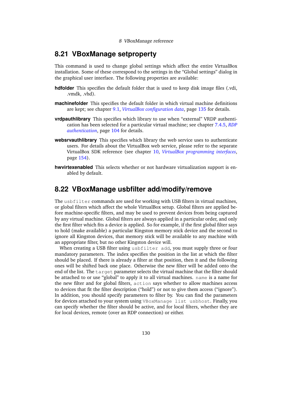 21 vboxmanage setproperty, 22 vboxmanage usbfilter add/modify/remove | Sun Microsystems VIRTUALBOX VERSION 3.1.0_BETA2 User Manual | Page 130 / 283