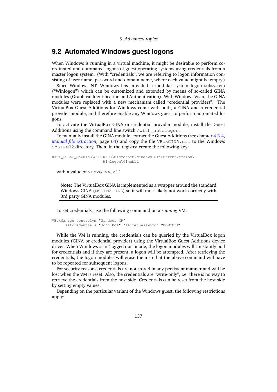 2 automated windows guest logons, Automated windows guest logons | Sun Microsystems VIRTUALBOX VERSION 3.1.0_BETA2 User Manual | Page 137 / 283