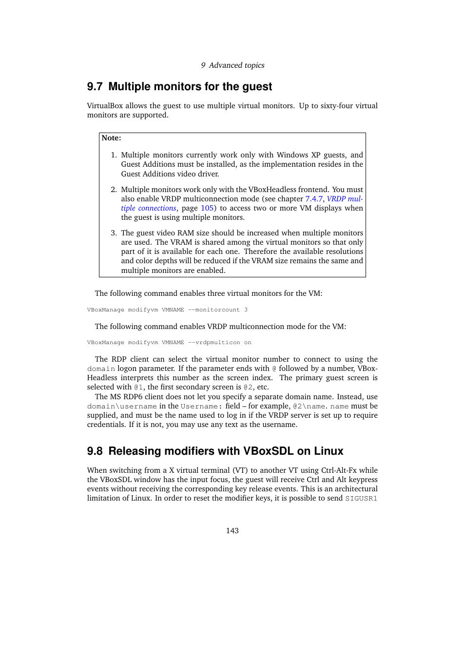 7 multiple monitors for the guest, 8 releasing modifiers with vboxsdl on linux, Multiple monitors for the guest | Releasing modifiers with vboxsdl on linux | Sun Microsystems VIRTUALBOX VERSION 3.1.0_BETA2 User Manual | Page 143 / 283