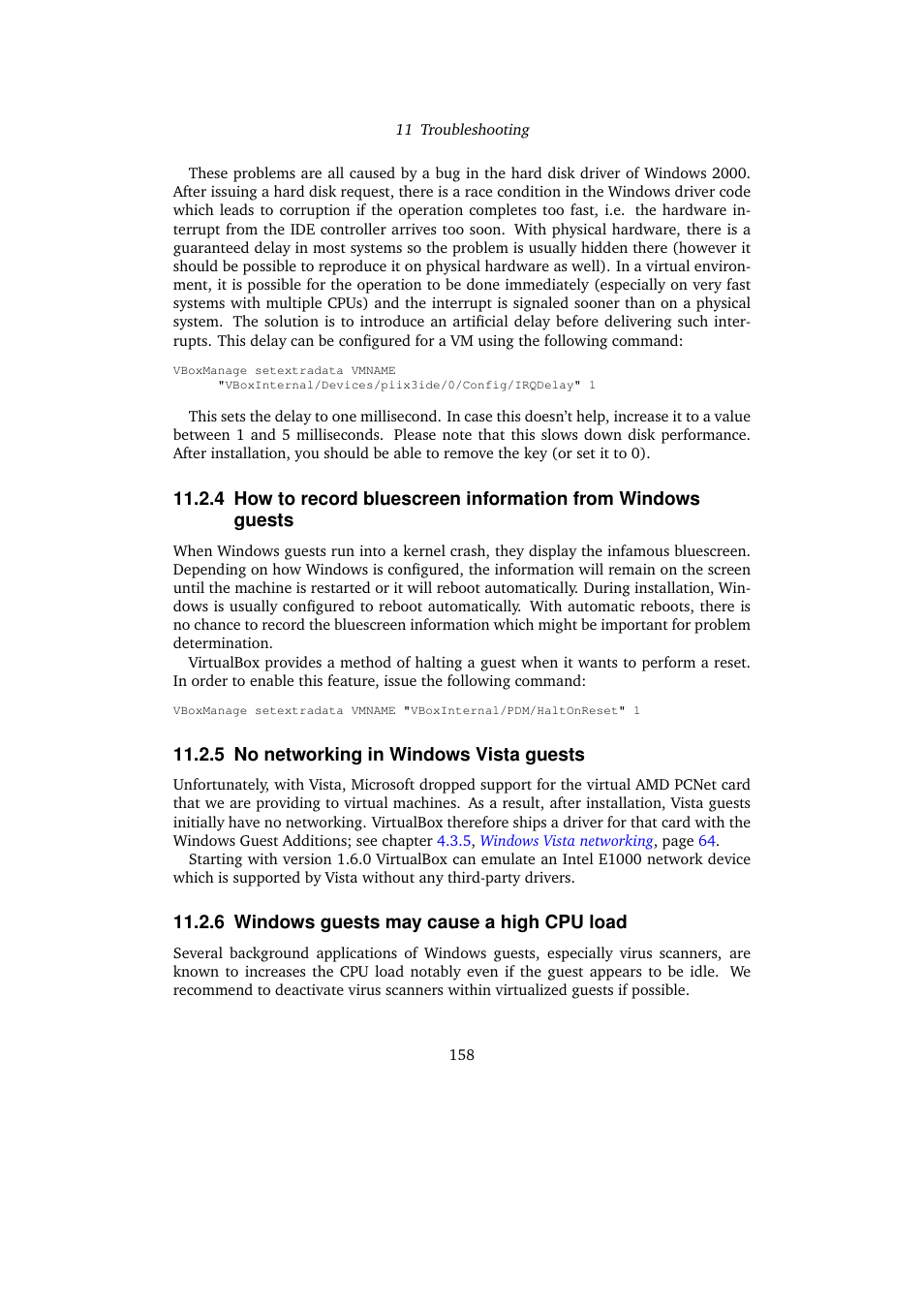 5 no networking in windows vista guests, 6 windows guests may cause a high cpu load | Sun Microsystems VIRTUALBOX VERSION 3.1.0_BETA2 User Manual | Page 158 / 283