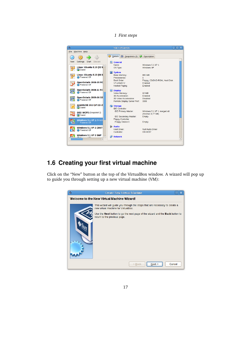 6 creating your first virtual machine, Creating your first virtual machine | Sun Microsystems VIRTUALBOX VERSION 3.1.0_BETA2 User Manual | Page 17 / 283