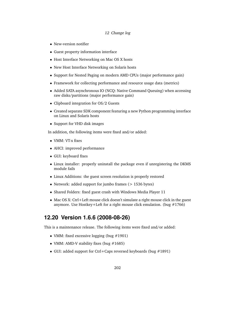 20 version 1.6.6 (2008-08-26), 20version 1.6.6 (2008-08-26) | Sun Microsystems VIRTUALBOX VERSION 3.1.0_BETA2 User Manual | Page 202 / 283