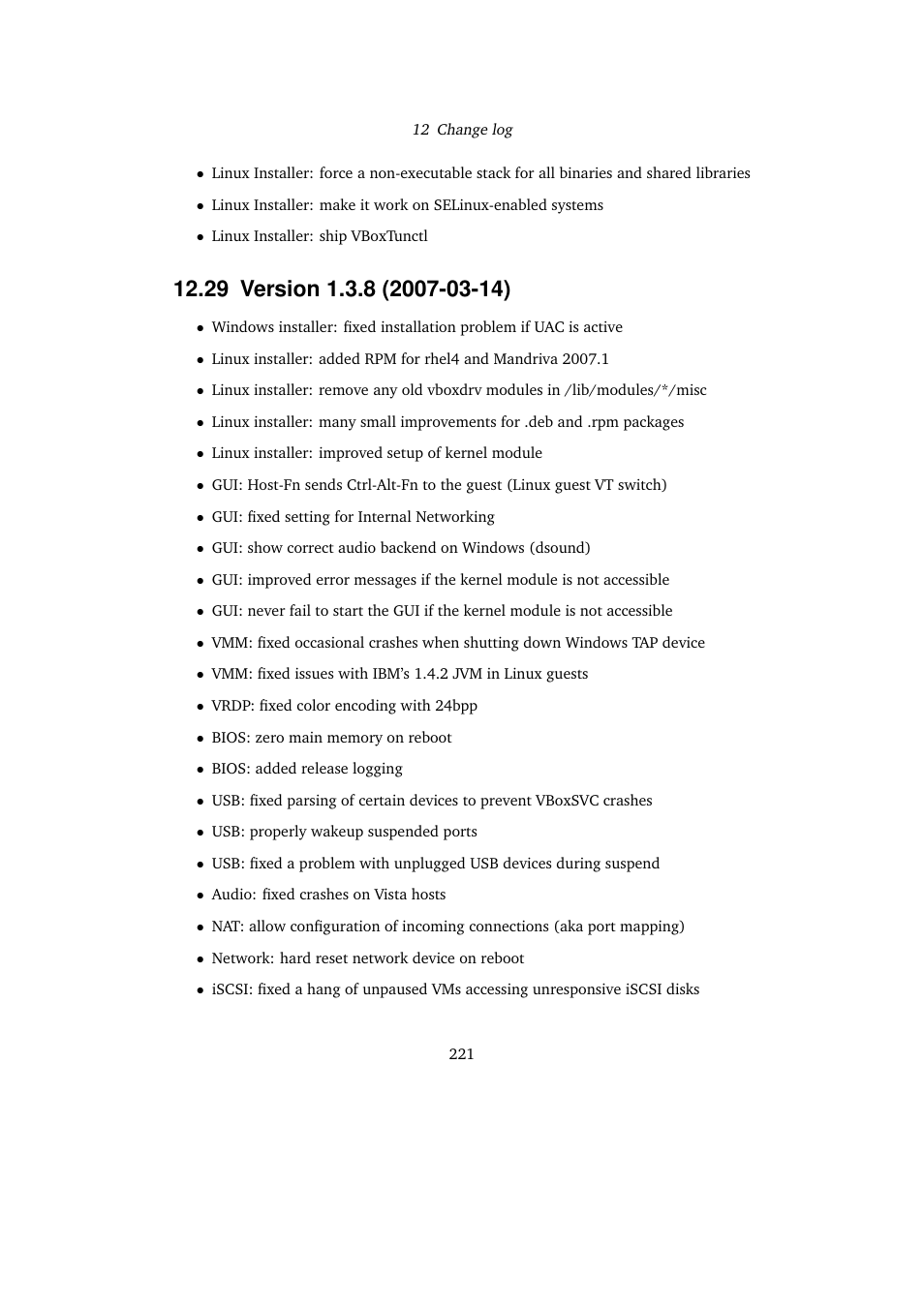 29 version 1.3.8 (2007-03-14), 29version 1.3.8 (2007-03-14) | Sun Microsystems VIRTUALBOX VERSION 3.1.0_BETA2 User Manual | Page 221 / 283