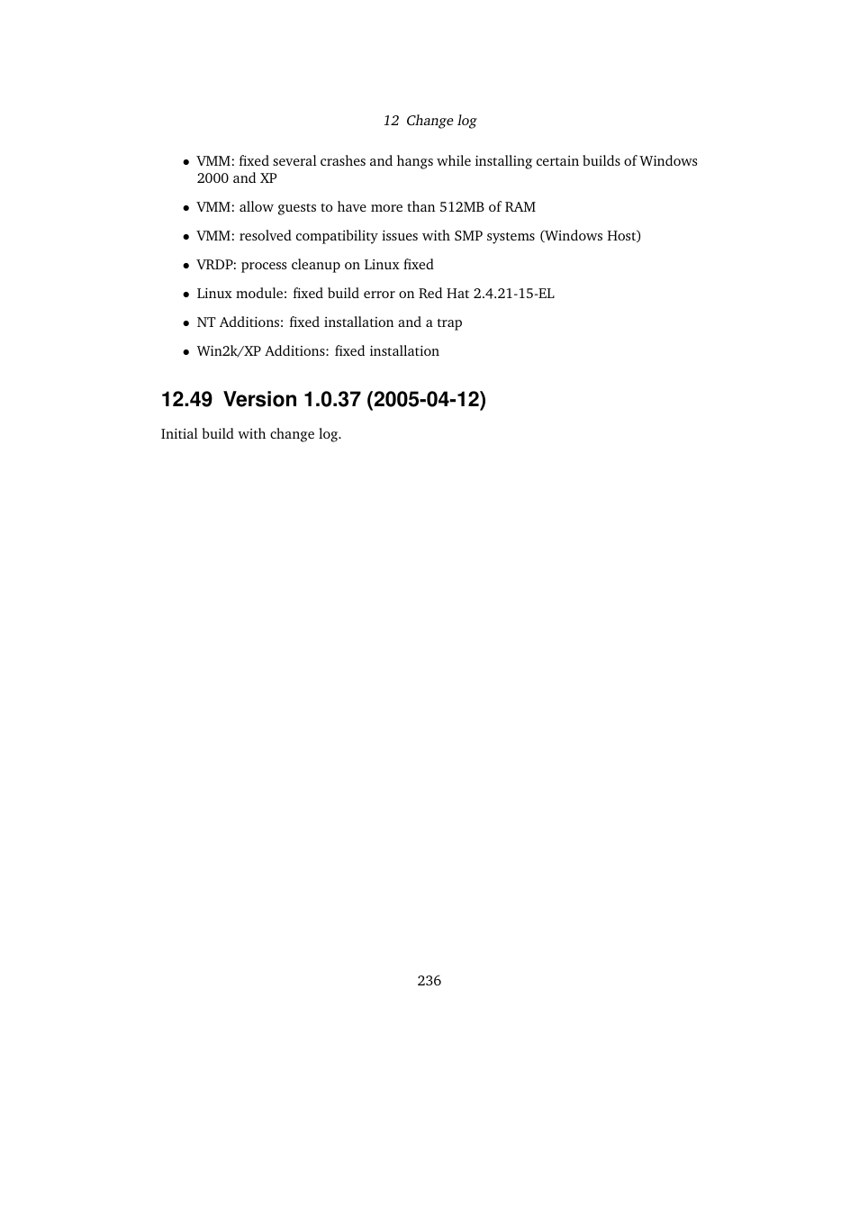 49 version 1.0.37 (2005-04-12), 49version 1.0.37 (2005-04-12) | Sun Microsystems VIRTUALBOX VERSION 3.1.0_BETA2 User Manual | Page 236 / 283