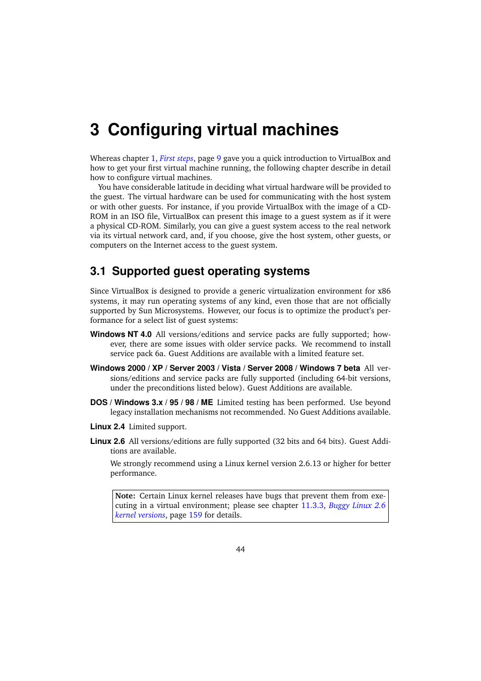 3 configuring virtual machines, 1 supported guest operating systems, Configuring virtual machines | Supported guest operating systems | Sun Microsystems VIRTUALBOX VERSION 3.1.0_BETA2 User Manual | Page 44 / 283