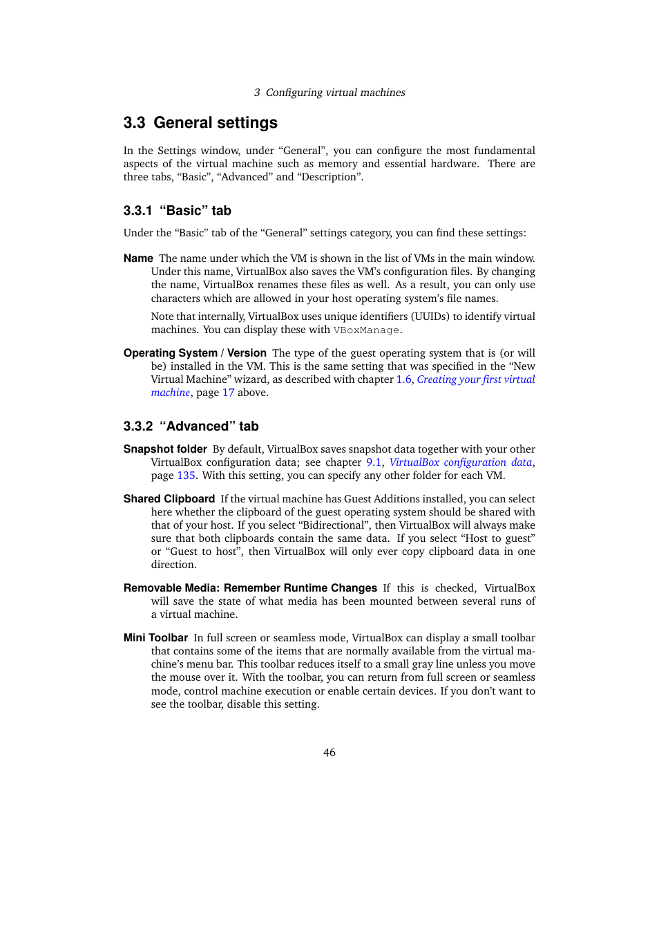 3 general settings, 1 "basic" tab, 2 "advanced" tab | General settings, Basic” tab, Advanced” tab, 1 “basic” tab, 2 “advanced” tab | Sun Microsystems VIRTUALBOX VERSION 3.1.0_BETA2 User Manual | Page 46 / 283