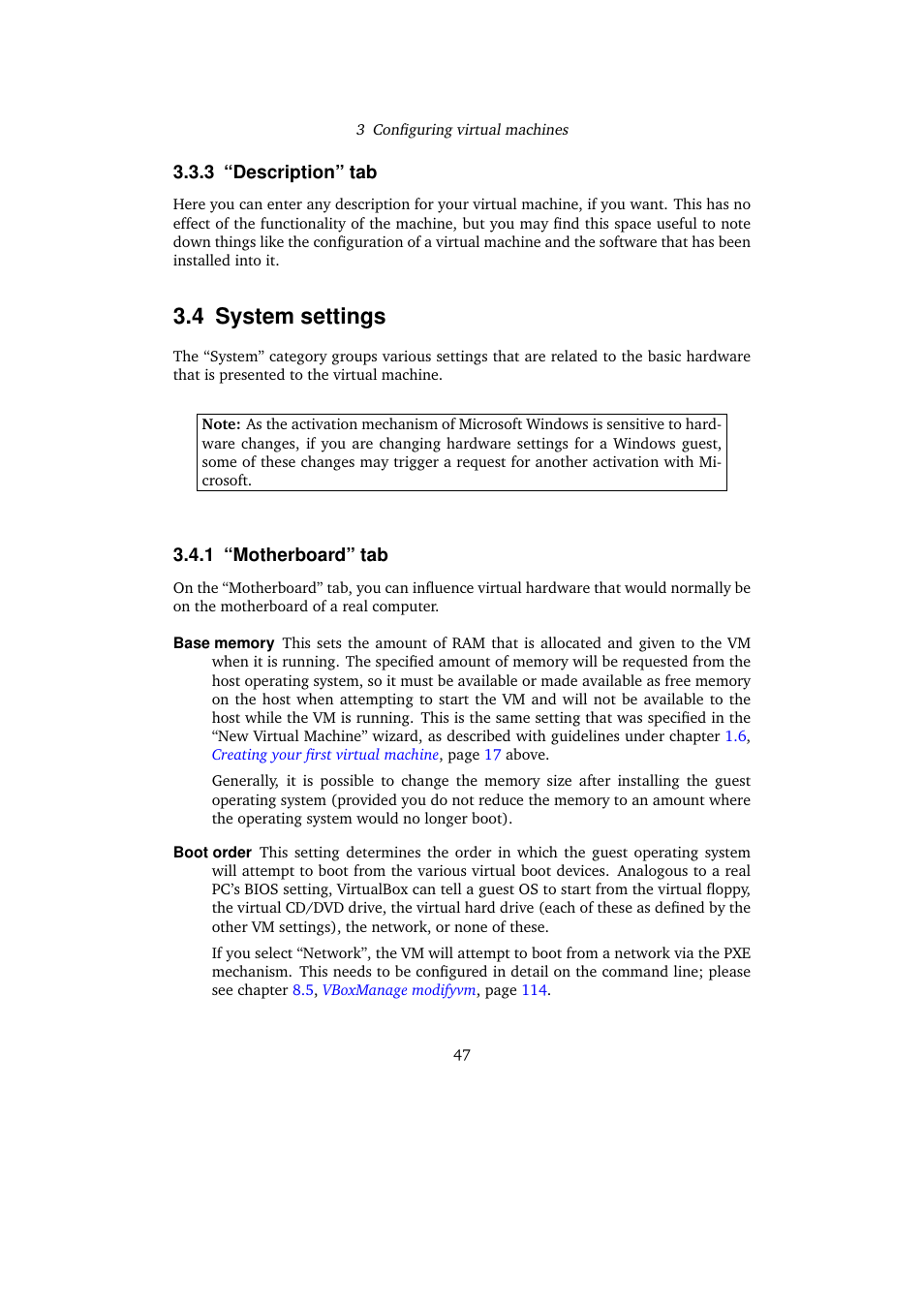 3 "description" tab, 4 system settings, 1 "motherboard" tab | Description” tab, System settings, Motherboard” tab | Sun Microsystems VIRTUALBOX VERSION 3.1.0_BETA2 User Manual | Page 47 / 283