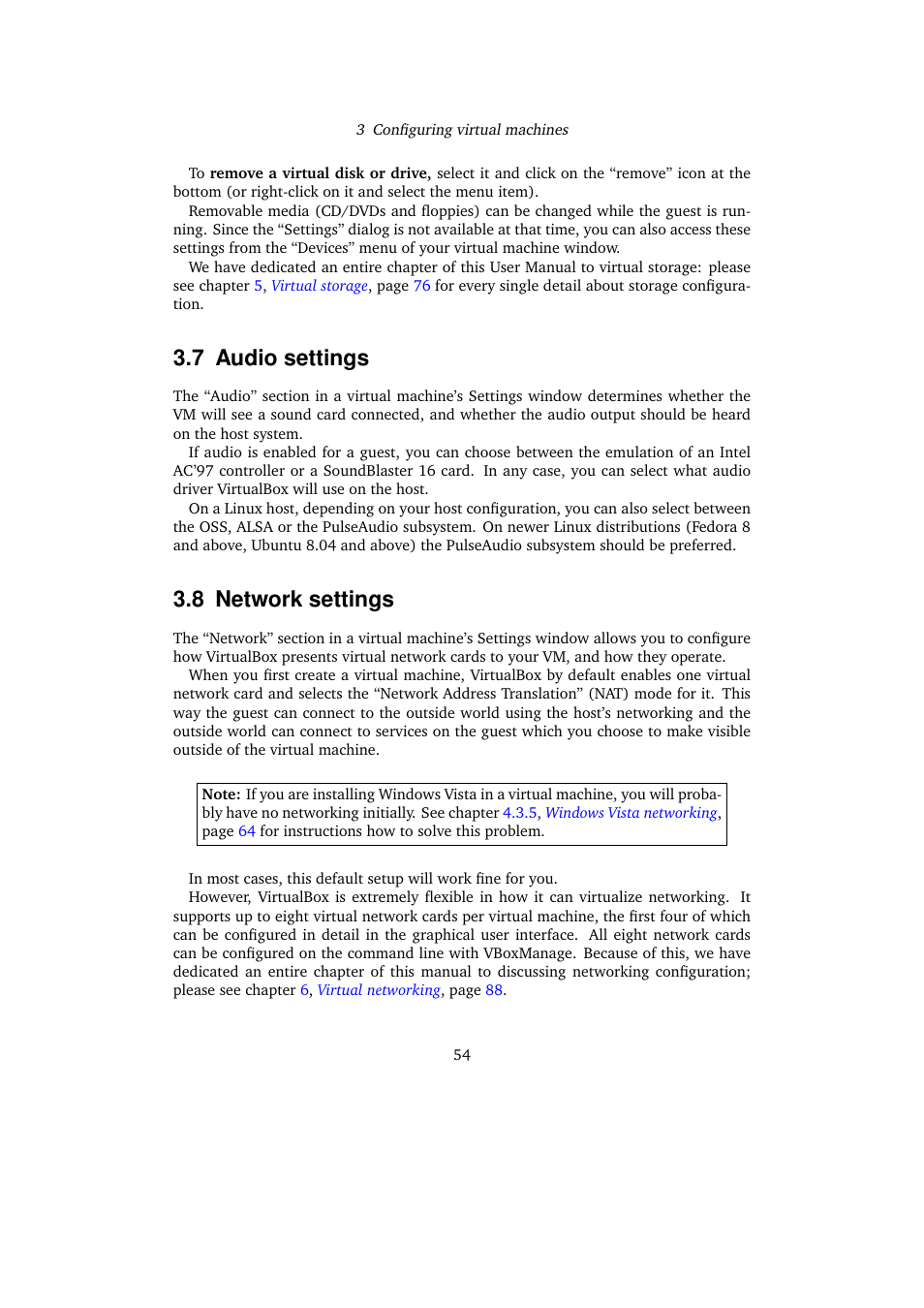 7 audio settings, 8 network settings, Audio settings | Network settings | Sun Microsystems VIRTUALBOX VERSION 3.1.0_BETA2 User Manual | Page 54 / 283