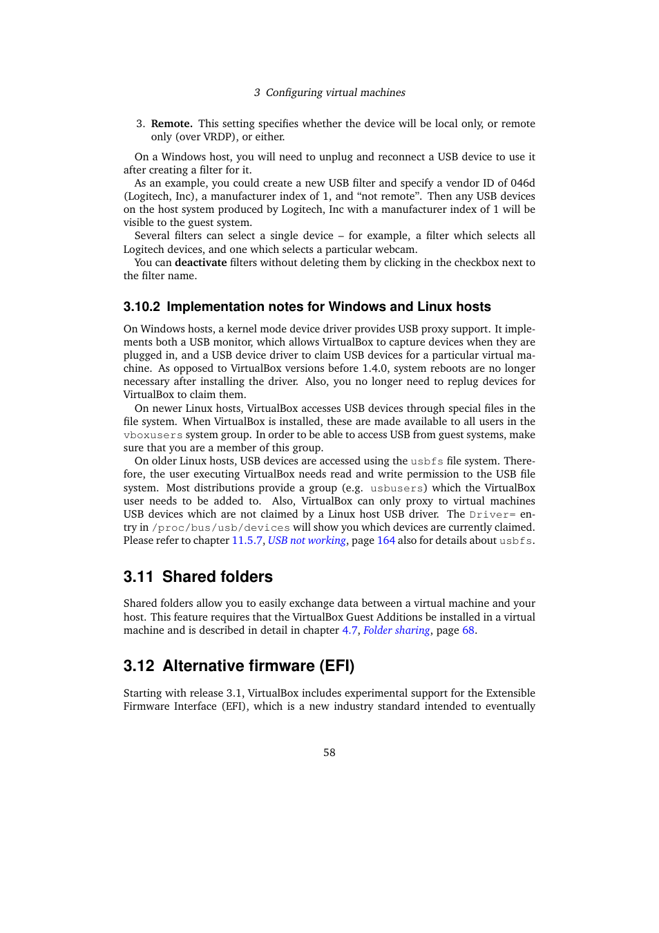 2 implementation notes for windows and linux hosts, 11 shared folders, 12 alternative firmware (efi) | Sun Microsystems VIRTUALBOX VERSION 3.1.0_BETA2 User Manual | Page 58 / 283