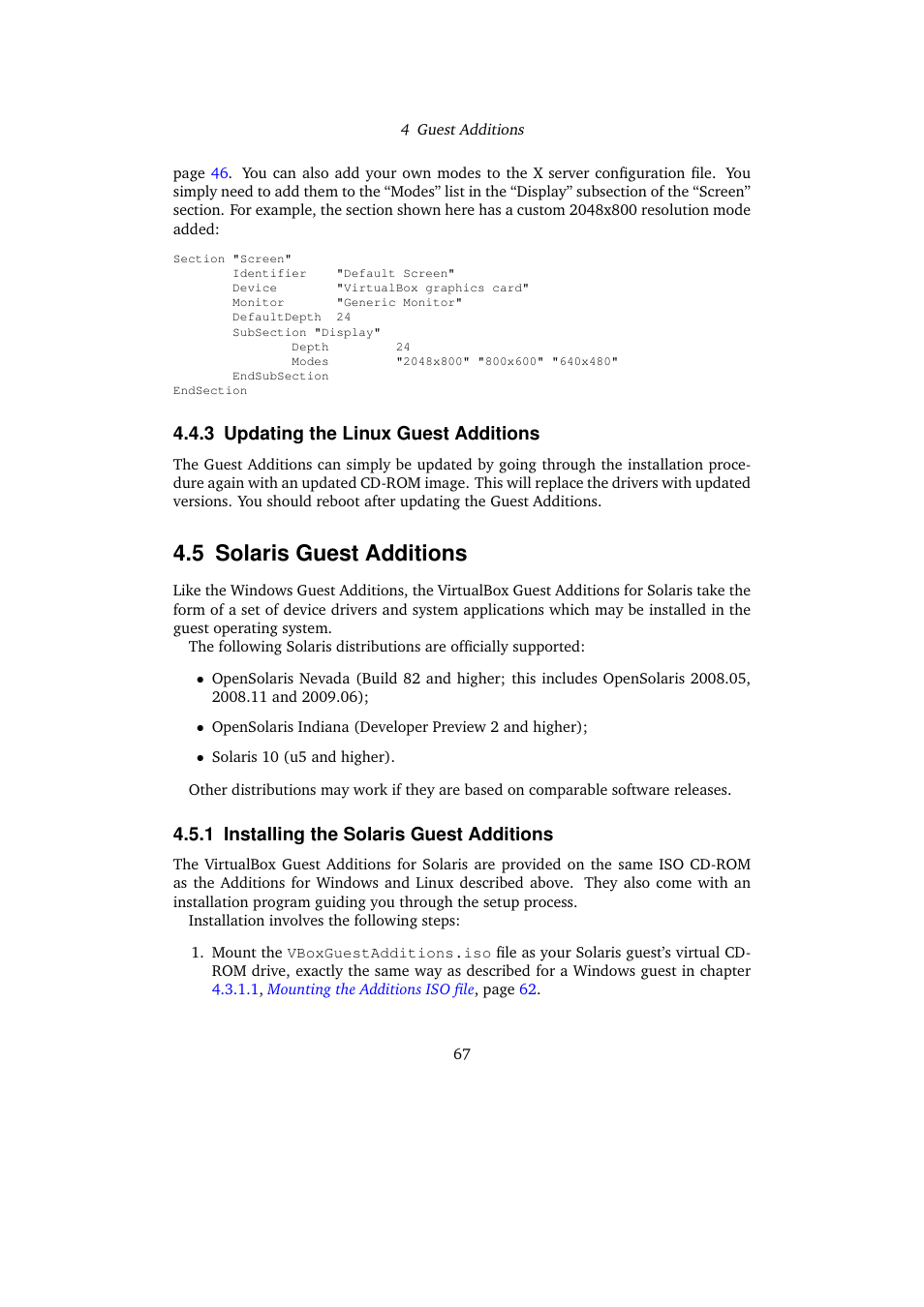 3 updating the linux guest additions, 5 solaris guest additions, 1 installing the solaris guest additions | Updating the linux guest additions, Solaris guest additions, Installing the solaris guest additions | Sun Microsystems VIRTUALBOX VERSION 3.1.0_BETA2 User Manual | Page 67 / 283