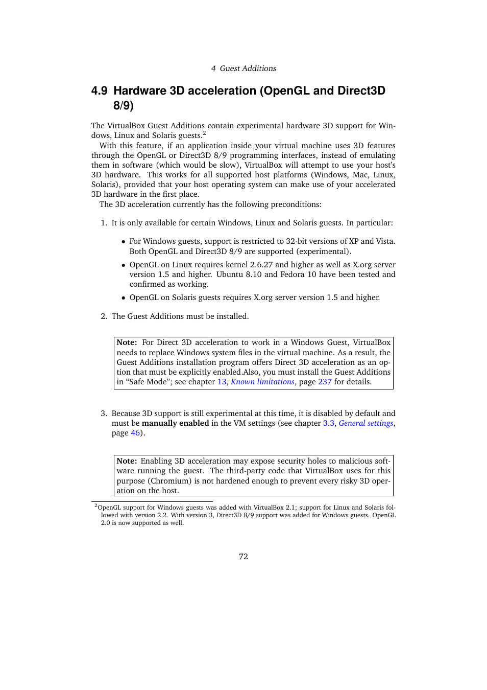 Hardware 3d acceleration (opengl and direct3d 8/9), Hardware 3d acceleration (opengl and di, Rect3d 8/9) | Sun Microsystems VIRTUALBOX VERSION 3.1.0_BETA2 User Manual | Page 72 / 283