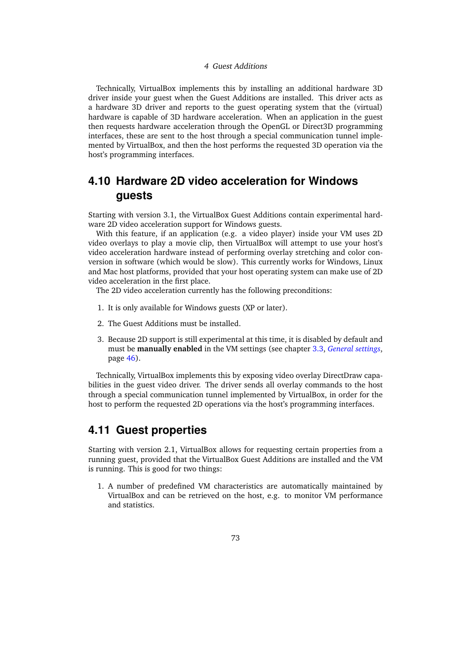 11 guest properties, Hardware 2d, Video acceleration for windows guests | Guest properties | Sun Microsystems VIRTUALBOX VERSION 3.1.0_BETA2 User Manual | Page 73 / 283