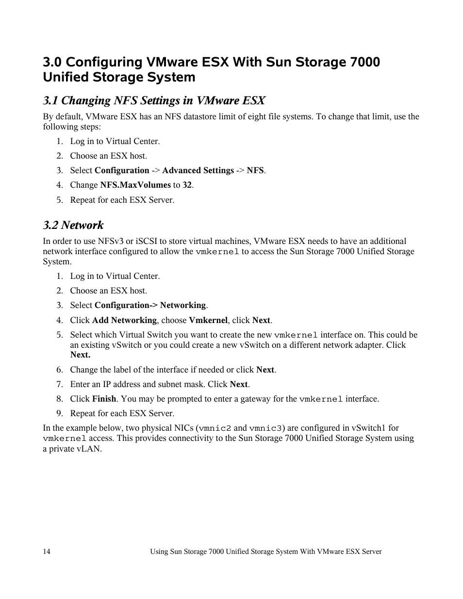 1 changing nfs settings in vmware esx, 2 network | Sun Microsystems 7000 User Manual | Page 14 / 24