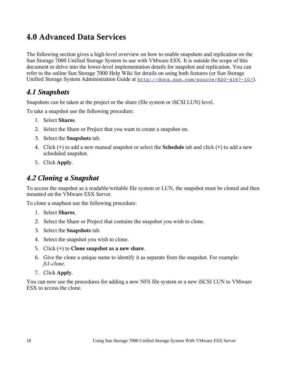 0 advanced data services, 1 snapshots, 2 cloning a snapshot | Sun Microsystems 7000 User Manual | Page 18 / 24