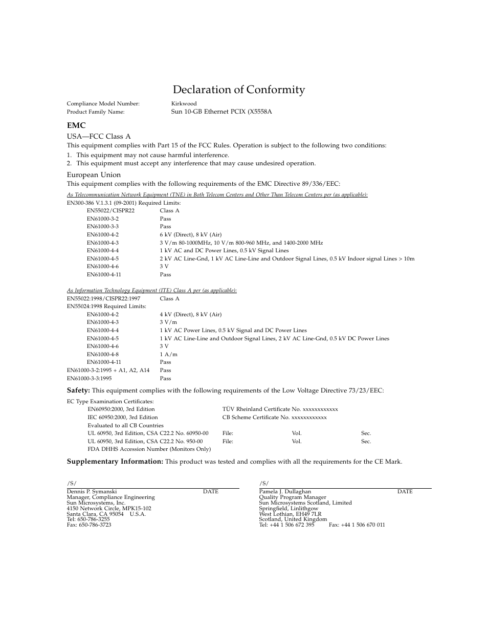 Declaration of conformity, Usa-fcc class a, European union | Usa—fcc class a, Safety, Supplementary information | Sun Microsystems Ethernet PCI-X Adapter User Manual | Page 11 / 78