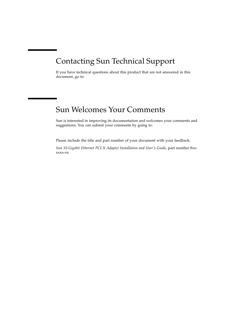 Contacting sun technical support, Sun welcomes your comments | Sun Microsystems Ethernet PCI-X Adapter User Manual | Page 16 / 78