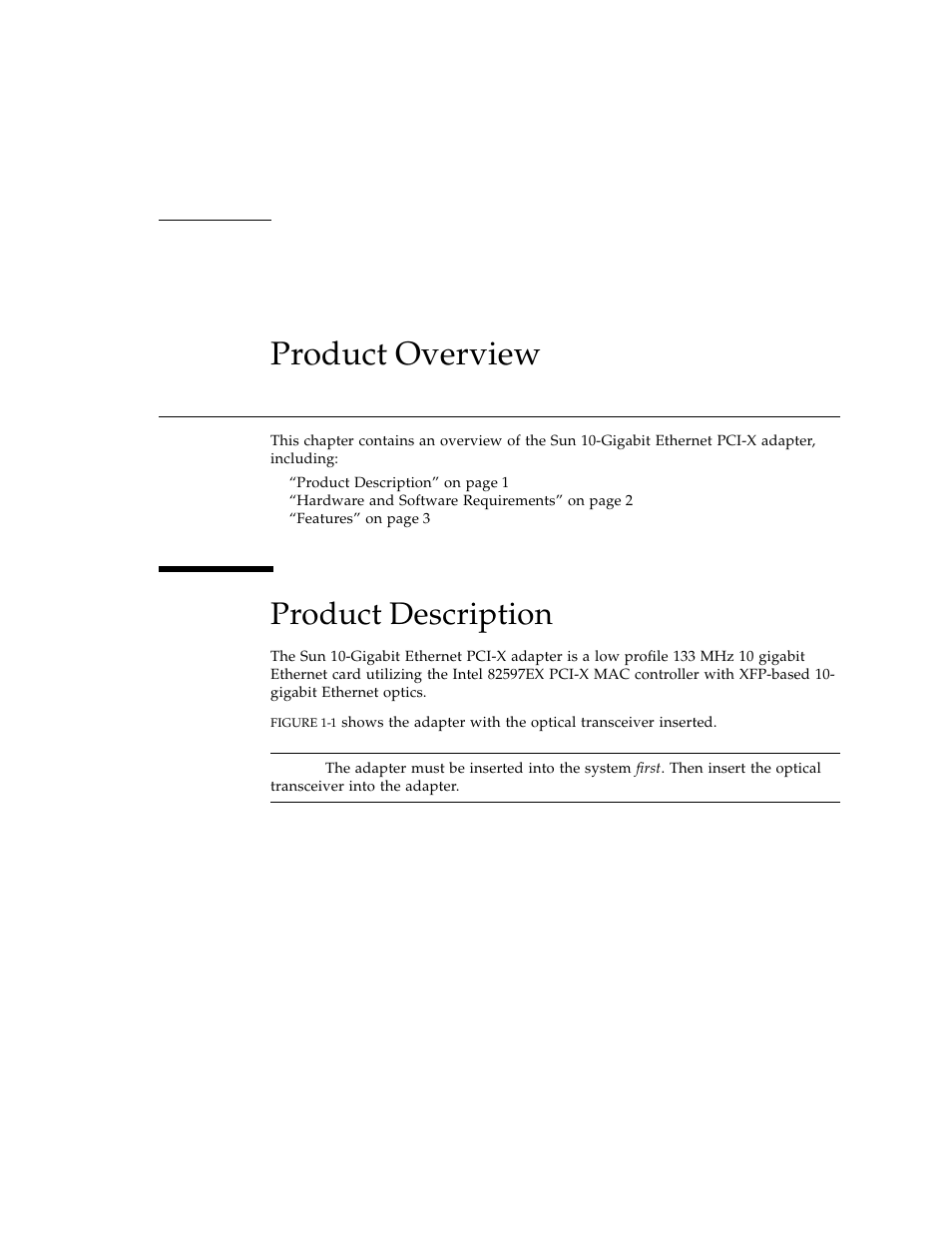 Product overview, Product description, Chapter 1 | Sun Microsystems Ethernet PCI-X Adapter User Manual | Page 17 / 78