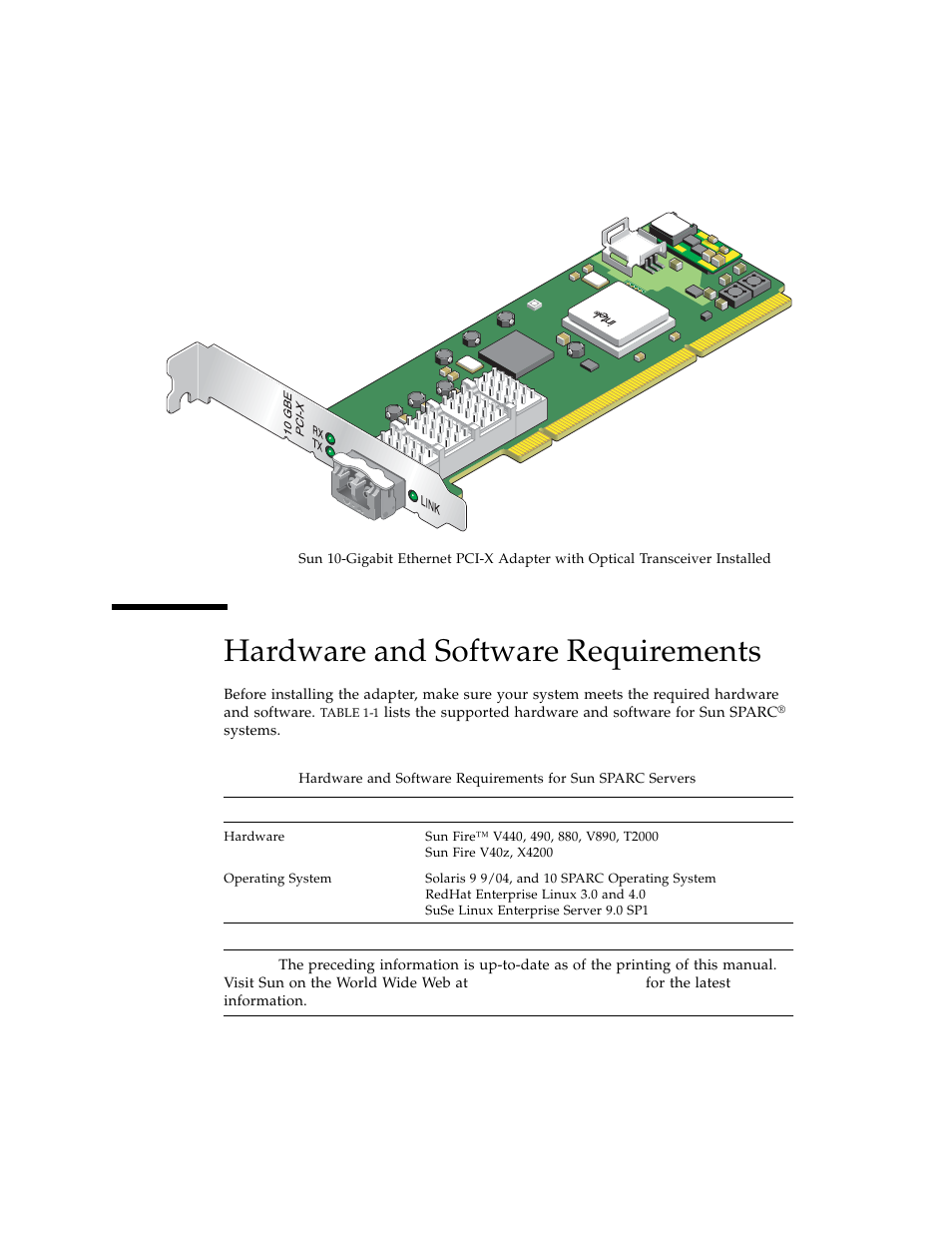 Hardware and software requirements, Table 1-1, Figure 1-1 | Sun Microsystems Ethernet PCI-X Adapter User Manual | Page 18 / 78