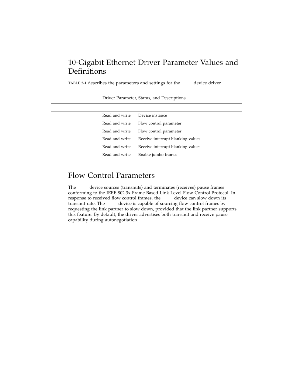 Flow control parameters, Table 3-1 | Sun Microsystems Ethernet PCI-X Adapter User Manual | Page 36 / 78