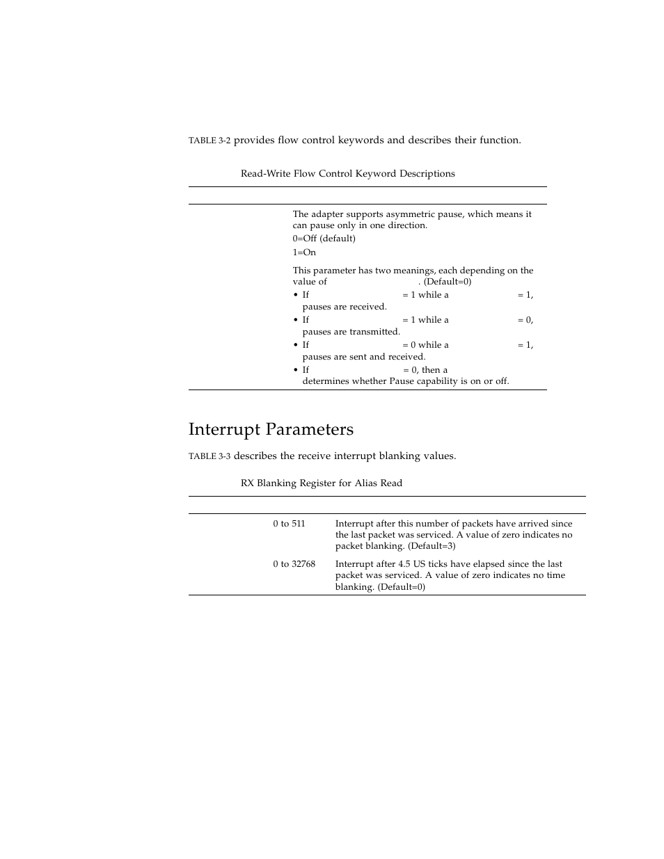 Interrupt parameters, Table 3-2, Table 3-3 | Sun Microsystems Ethernet PCI-X Adapter User Manual | Page 37 / 78