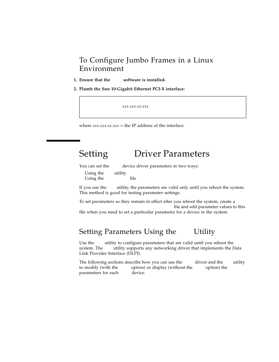 To configure jumbo frames in a linux environment, Setting ixge driver parameters, Setting parameters using the ndd utility | Setting, Setting parameters using the, Ixge | Sun Microsystems Ethernet PCI-X Adapter User Manual | Page 39 / 78