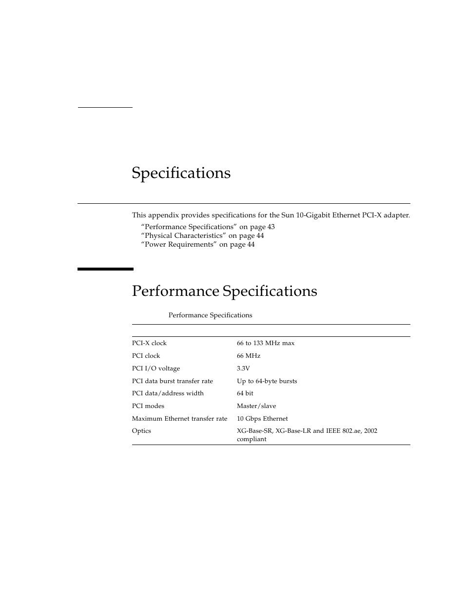 Specifications, Performance specifications, Table a-1 | Appendix a | Sun Microsystems Ethernet PCI-X Adapter User Manual | Page 59 / 78