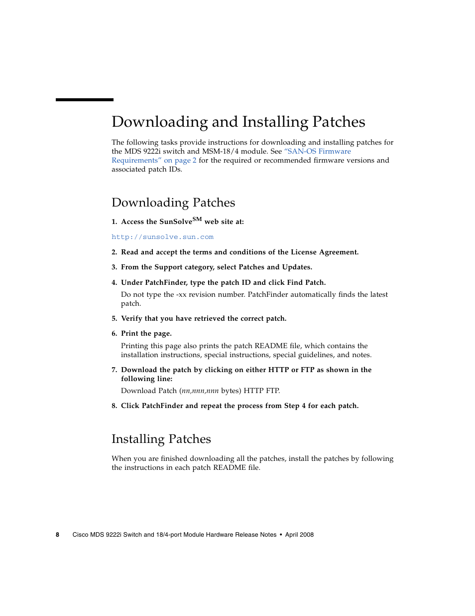 Downloading and installing patches, Downloading patches, Installing patches | Sun Microsystems Cisco MDS 9222i User Manual | Page 10 / 12