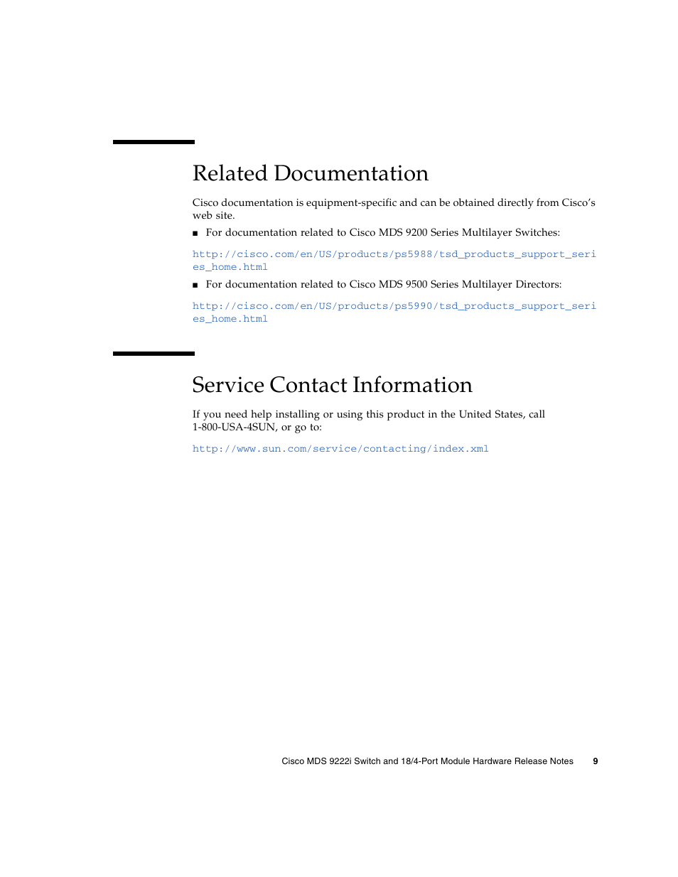 Related documentation, Service contact information | Sun Microsystems Cisco MDS 9222i User Manual | Page 11 / 12