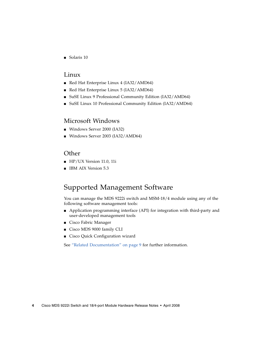 Linux, Microsoft windows, Other | Supported management software | Sun Microsystems Cisco MDS 9222i User Manual | Page 6 / 12