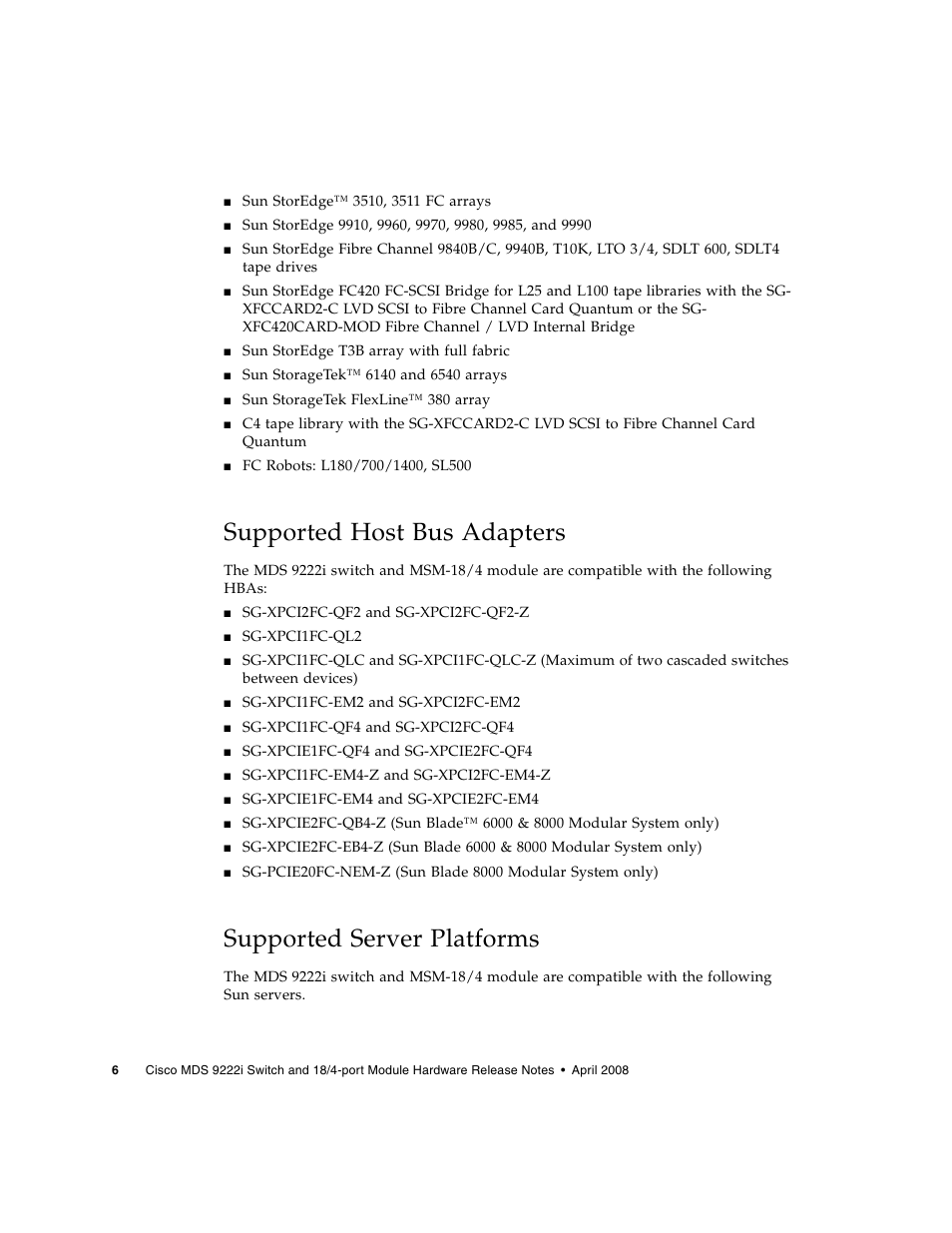 Supported host bus adapters, Supported server platforms | Sun Microsystems Cisco MDS 9222i User Manual | Page 8 / 12