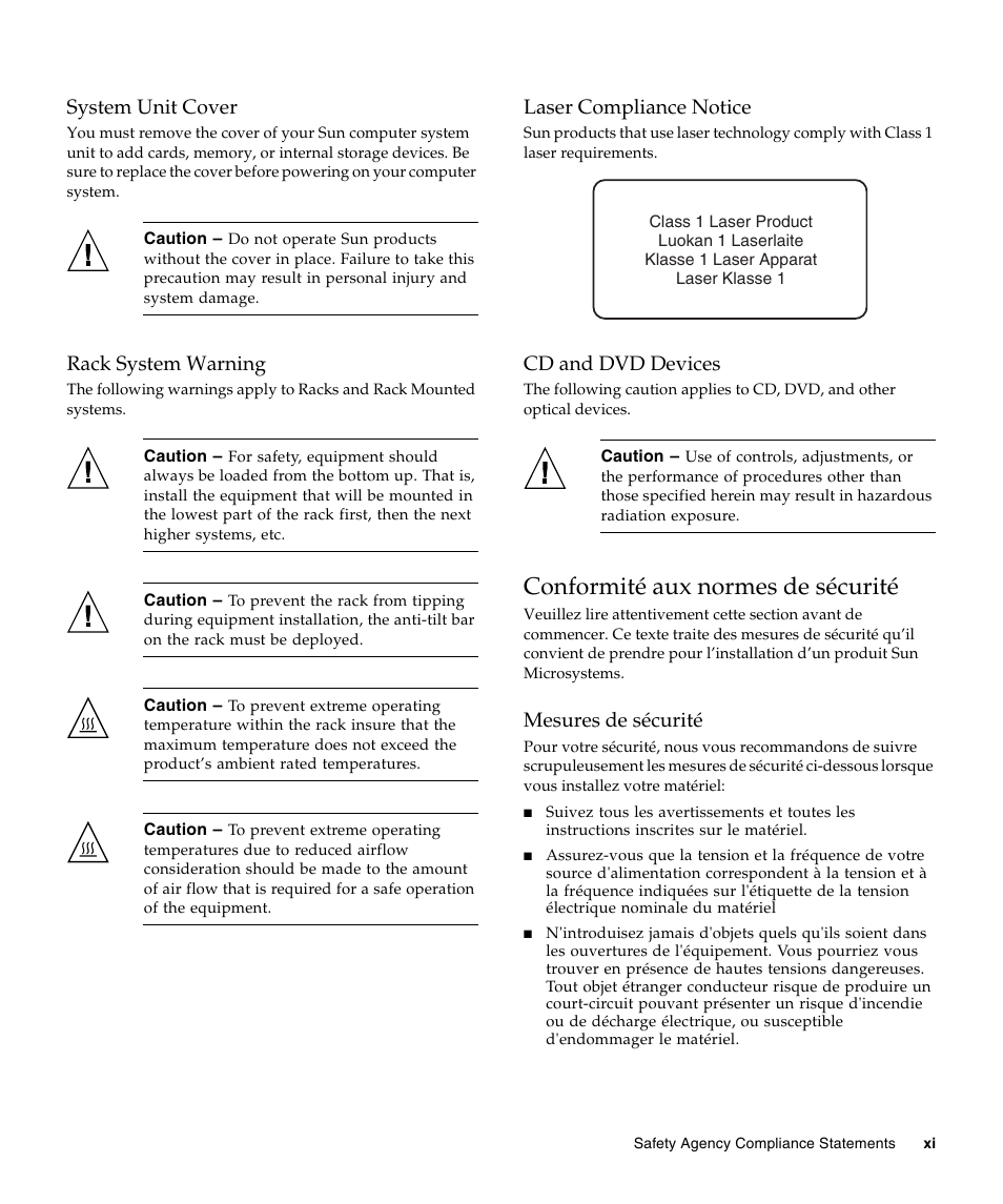 System unit cover, Rack system warning, Laser compliance notice | Cd and dvd devices, Conformité aux normes de sécurité, Mesures de sécurité | Sun Microsystems Sun StorageTek SG-XPCIE2FCGBE-E-Z User Manual | Page 11 / 54