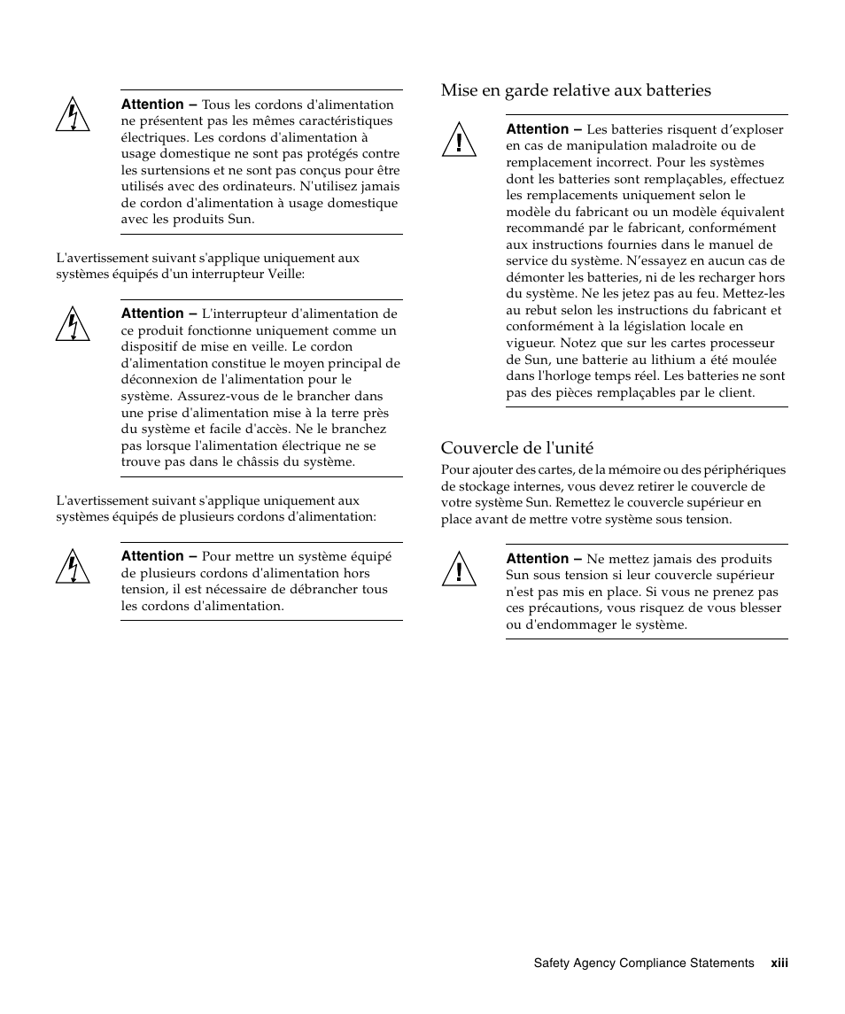 Mise en garde relative aux batteries, Couvercle de l'unité | Sun Microsystems Sun StorageTek SG-XPCIE2FCGBE-E-Z User Manual | Page 13 / 54