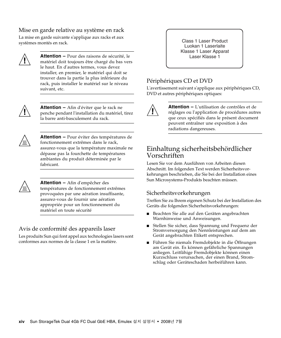 Mise en garde relative au système en rack, Avis de conformité des appareils laser, Périphériques cd et dvd | Einhaltung sicherheitsbehördlicher vorschriften, Sicherheitsvorkehrungen | Sun Microsystems Sun StorageTek SG-XPCIE2FCGBE-E-Z User Manual | Page 14 / 54