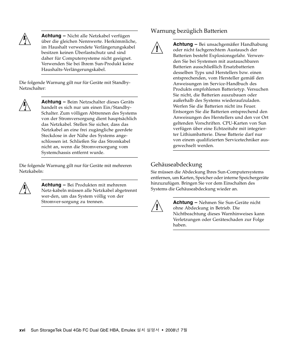 Warnung bezüglich batterien, Gehäuseabdeckung | Sun Microsystems Sun StorageTek SG-XPCIE2FCGBE-E-Z User Manual | Page 16 / 54